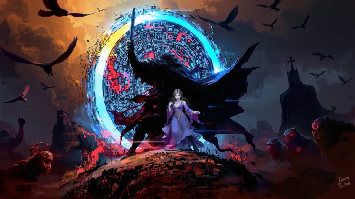 Portal in a ruined fantasy world — Portal in a ruined fantasy world. Expressive illustration, harmonious colors, a clear focal point and carefully arranged details. Create a new…