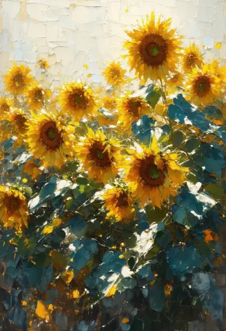 Sunflower impasto — A bouquet of golden sunflowers painted with thick textured brushstrokes against an ivory background.