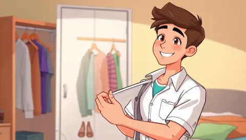 Cartoon character choosing clothes — Cartoon character choosing clothes. Expressive illustration, harmonious colors, a clear focal point and carefully arranged details. Create a…