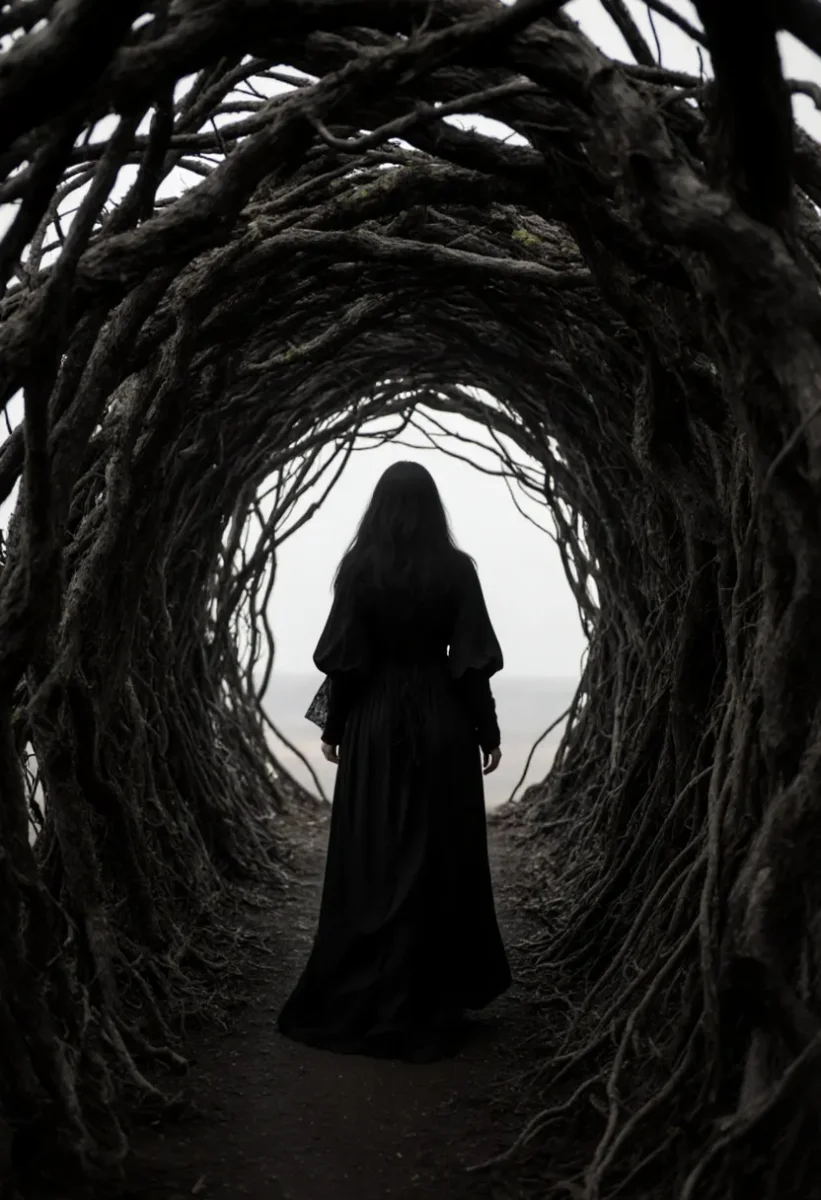 Silhouette in a woven branch tunnel — Silhouette in a woven branch tunnel. Expressive illustration, harmonious colors, a clear focal point and carefully arranged details. Create…