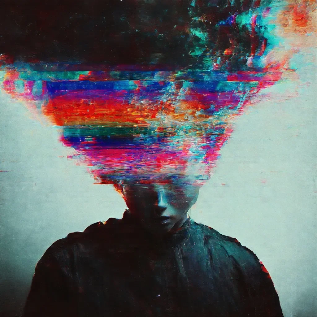 Signal distortion — A dark human silhouette dissolving into colorful digital noise above the head, teal backdrop and painterly glitch texture.