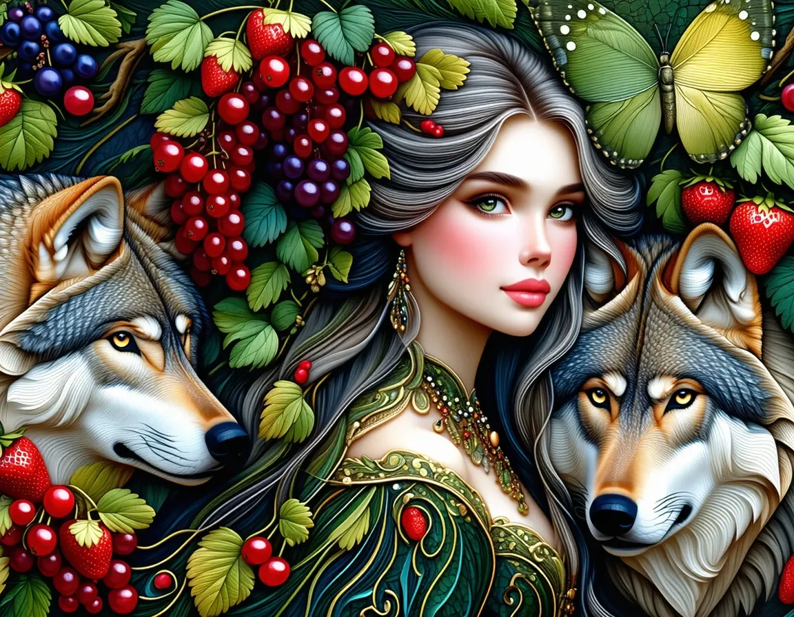 Forest queen with berries and wolves — Forest queen with berries and wolves. Expressive illustration, harmonious colors, a clear focal point and carefully arranged details.…