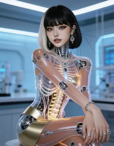 Transparent mechanical portrait — Transparent mechanical portrait. An imaginative character study with distinctive materials, expressive posture and cinematic lighting. Create a…