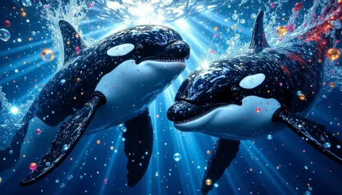 Orcas swimming through sparkling water — Orcas swimming through sparkling water. An expressive animal portrait, detailed fur or surface texture, a clear focal point and…