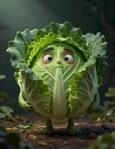 Shy cabbage character — Shy cabbage character. An imaginative character study with distinctive materials, expressive posture and cinematic lighting. Create a new interpretation…