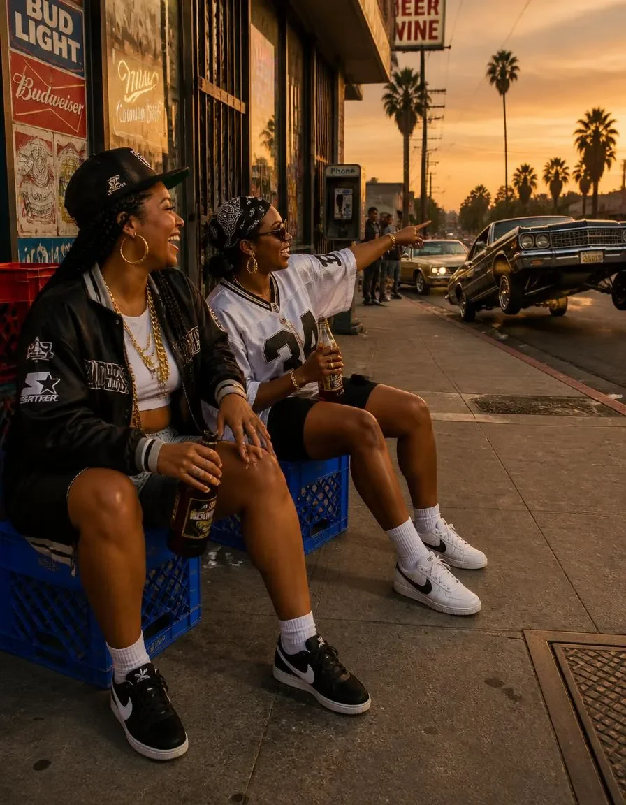 Friends outside a sunset storefront — Friends outside a sunset storefront. Natural photographic detail, balanced composition, expressive light and clear subject separation.…