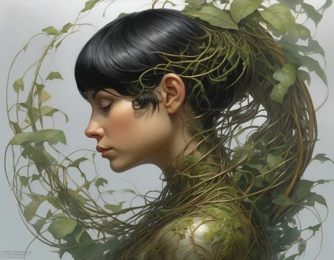 Portrait woven with green vines — Portrait woven with green vines. Expressive illustration, harmonious colors, a clear focal point and carefully arranged details. Create a new…