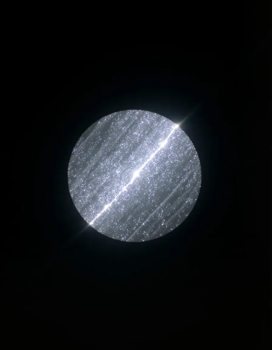 Silver orbit — A small glittering silver planet crossed by a bright diagonal line on pure black, minimal cosmic composition.