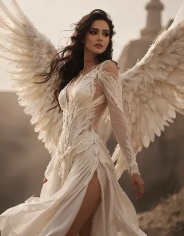 Ivory wings — An original angelic figure in an ivory dress with large feathered wings, soft beige architecture and cinematic light.