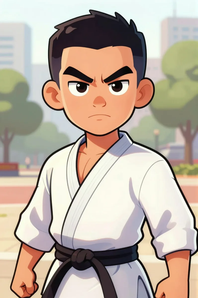 Young martial artist — An original cartoon martial artist in a white uniform with black belt, determined expression and simple city backdrop.