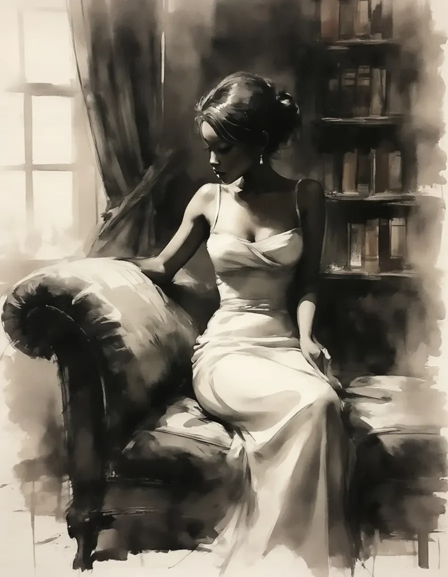 Monochrome seated woman painting — Monochrome seated woman painting. Expressive illustration, harmonious colors, a clear focal point and carefully arranged details. Create a new…