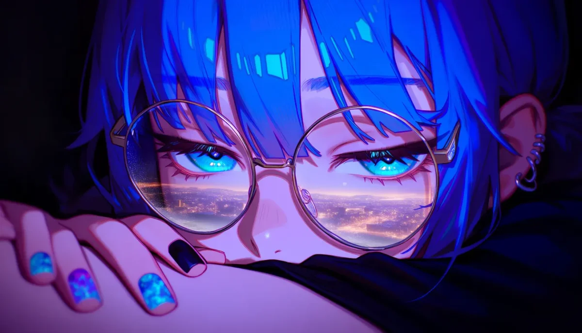 Neon glasses — Close-up anime portrait with blue hair and glasses, vivid blue and magenta neon reflections across the lenses, expressive eyes, dark cinematic framing.