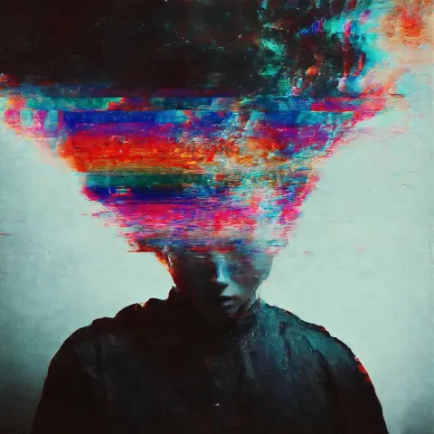 Signal distortion — A dark human silhouette dissolving into colorful digital noise above the head, teal backdrop and painterly glitch texture.