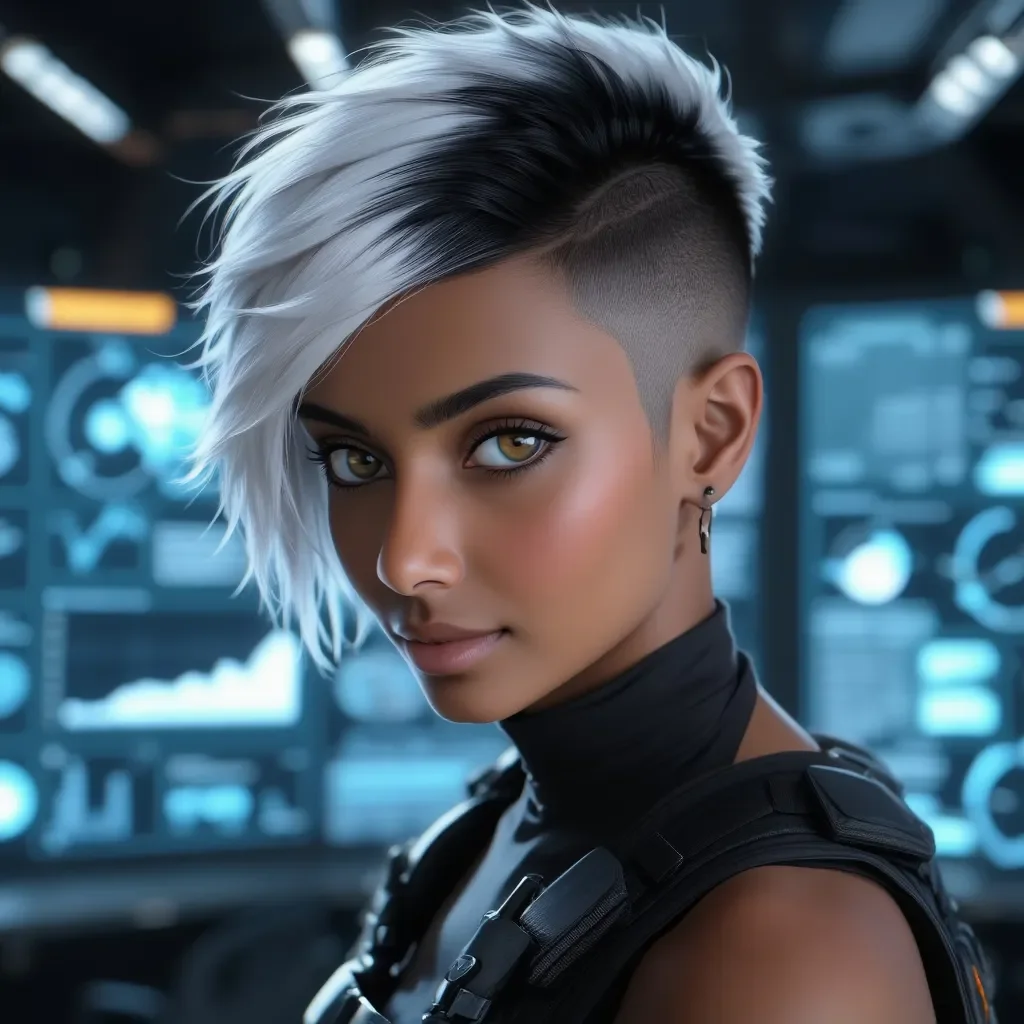 Silver asymmetric haircut in a lab — Silver asymmetric haircut in a lab. An imaginative character study with distinctive materials, expressive posture and cinematic lighting.…
