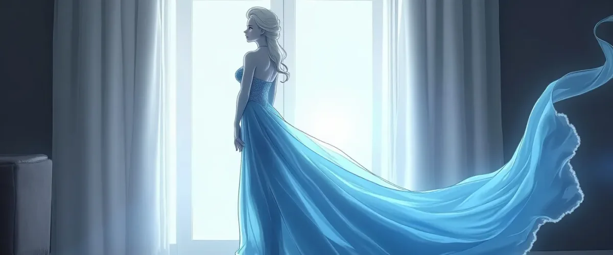 Flowing blue gown by a bright window — Flowing blue gown by a bright window. Expressive illustration, harmonious colors, a clear focal point and carefully arranged details.…