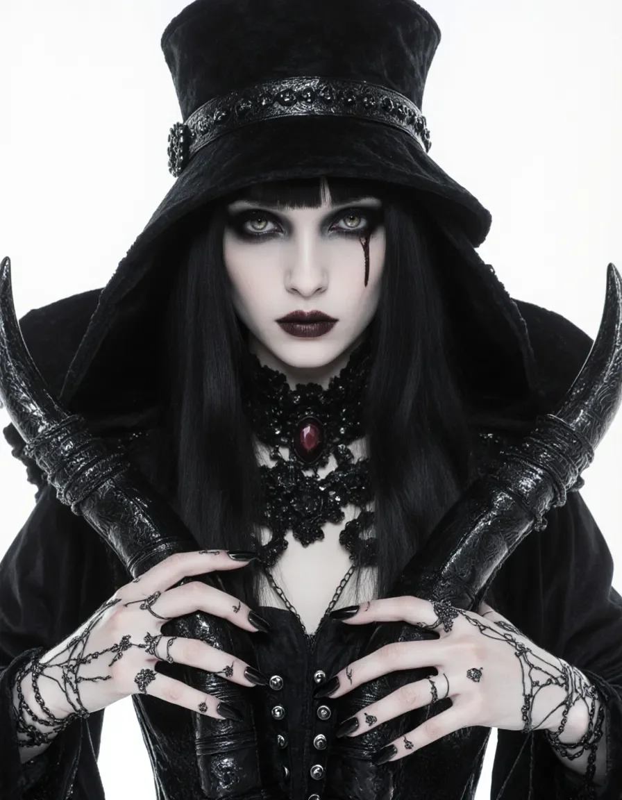 Gothic black hat portrait — Gothic black hat portrait. Natural photographic detail, balanced composition, expressive light and clear subject separation. Create a new…