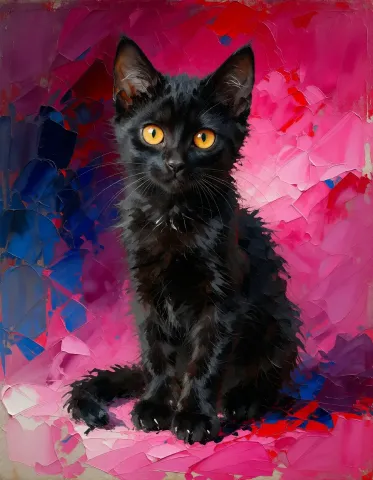 Black kitten on pink paint — Black kitten on pink paint. An expressive animal portrait, detailed fur or surface texture, a clear focal point and harmonious surroundings. Create a…
