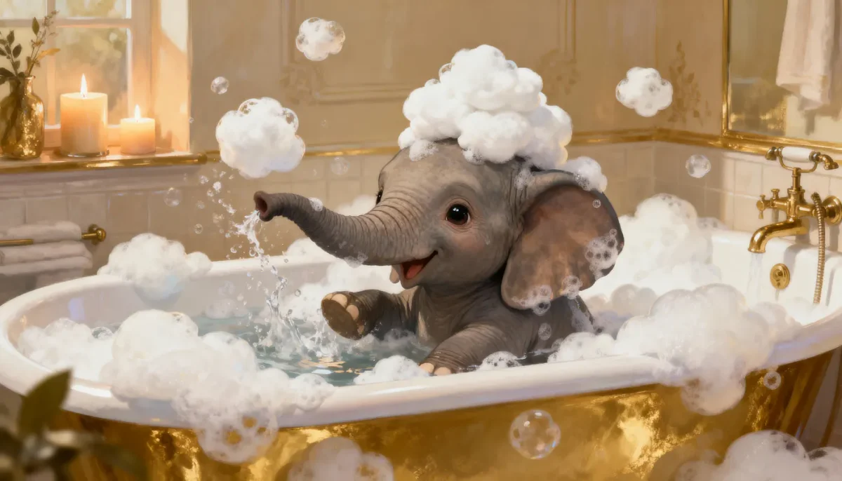 Elephant bubble bath — A baby elephant playing in a golden bathtub filled with fluffy bubbles, warm luxurious bathroom, playful realism.