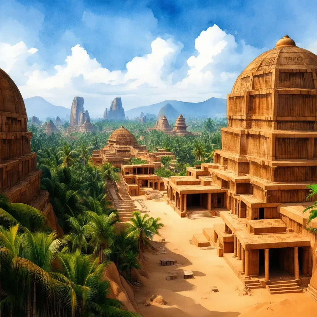 Golden stone domes in a green valley — Golden stone domes in a green valley. An atmospheric environment with layered depth, coherent lighting and rich environmental detail.…