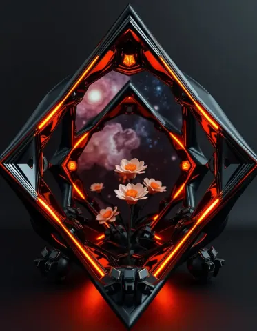 Glowing geometric floral display — Glowing geometric floral display. A carefully composed still life with clear material textures, controlled lighting and a clean focal point.…