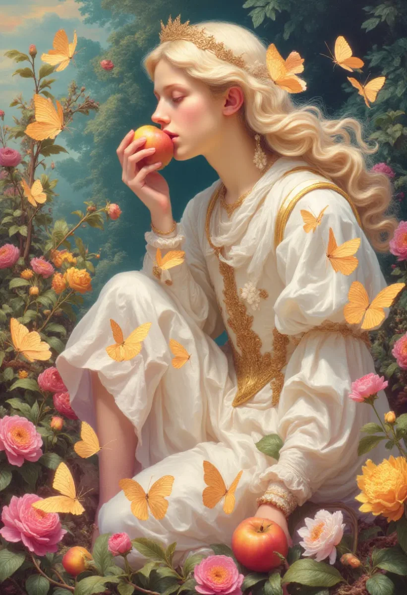 Golden haired fairy with apples — Golden haired fairy with apples. Expressive illustration, harmonious colors, a clear focal point and carefully arranged details. Create a new…