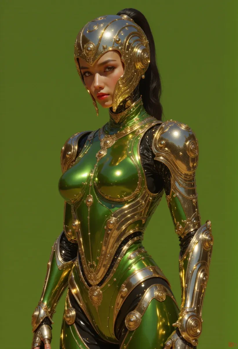 Green and gold android portrait — Green and gold android portrait. An imaginative character study with distinctive materials, expressive posture and cinematic lighting. Create a…