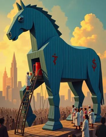 Giant blue wooden horse — Giant blue wooden horse. Expressive illustration, harmonious colors, a clear focal point and carefully arranged details. Create a new interpretation…