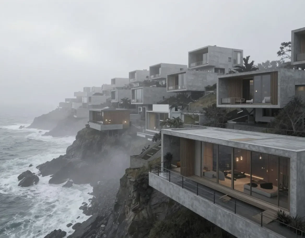 Modern homes above a foggy coastline — Modern homes above a foggy coastline. An atmospheric environment with layered depth, coherent lighting and rich environmental detail.…