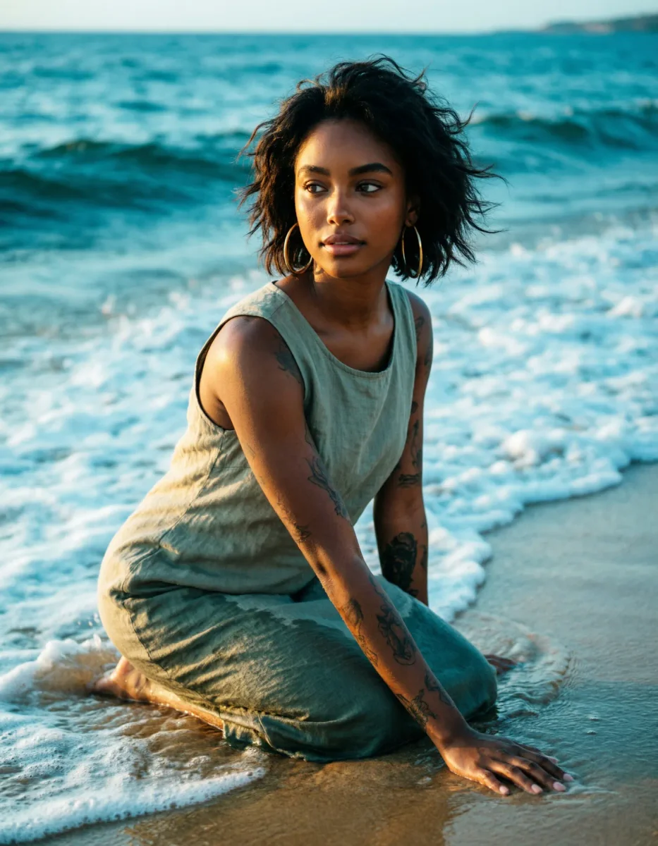 Portrait sitting in gentle surf — Portrait sitting in gentle surf. Natural photographic detail, balanced composition, expressive light and clear subject separation. Create a new…