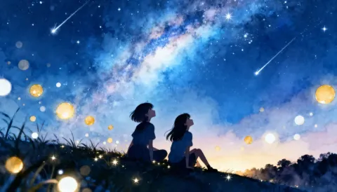 Firefly galaxy — Two silhouettes seated under a bright Milky Way, glowing fireflies in a meadow, gentle blue watercolor night.