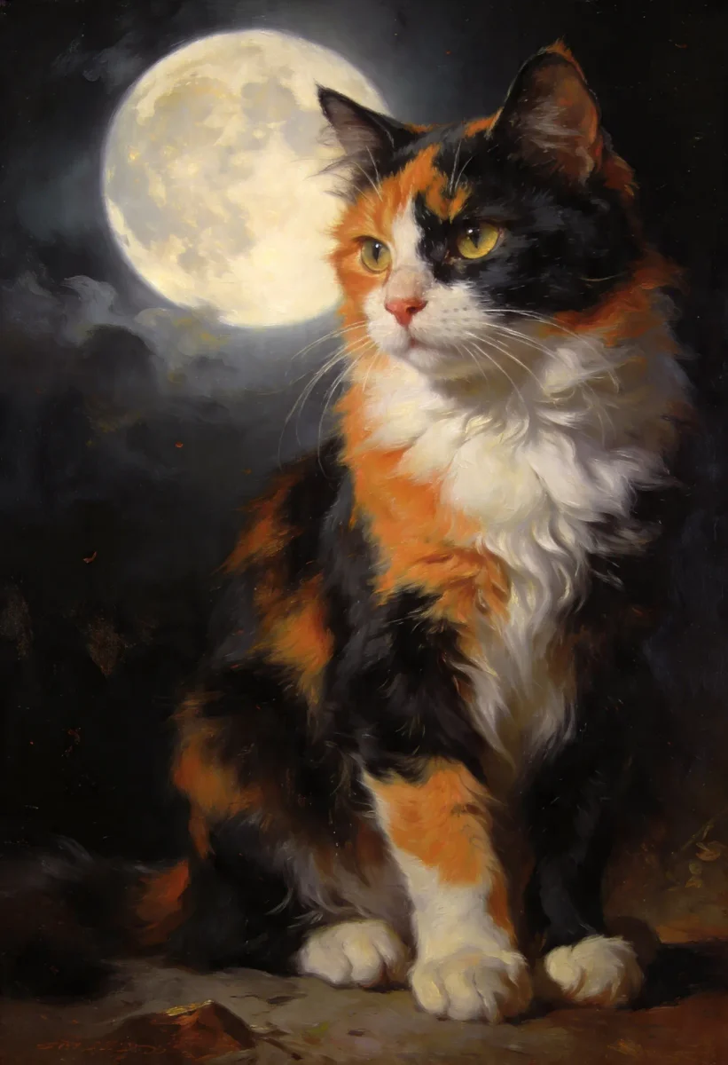 Moonlit calico — A calico cat seated beneath a full moon, dark atmospheric oil painting with warm fur highlights.