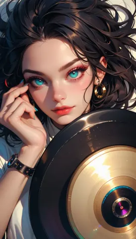 Illustrated portrait holding a record — Illustrated portrait holding a record. Expressive illustration, harmonious colors, a clear focal point and carefully arranged details.…