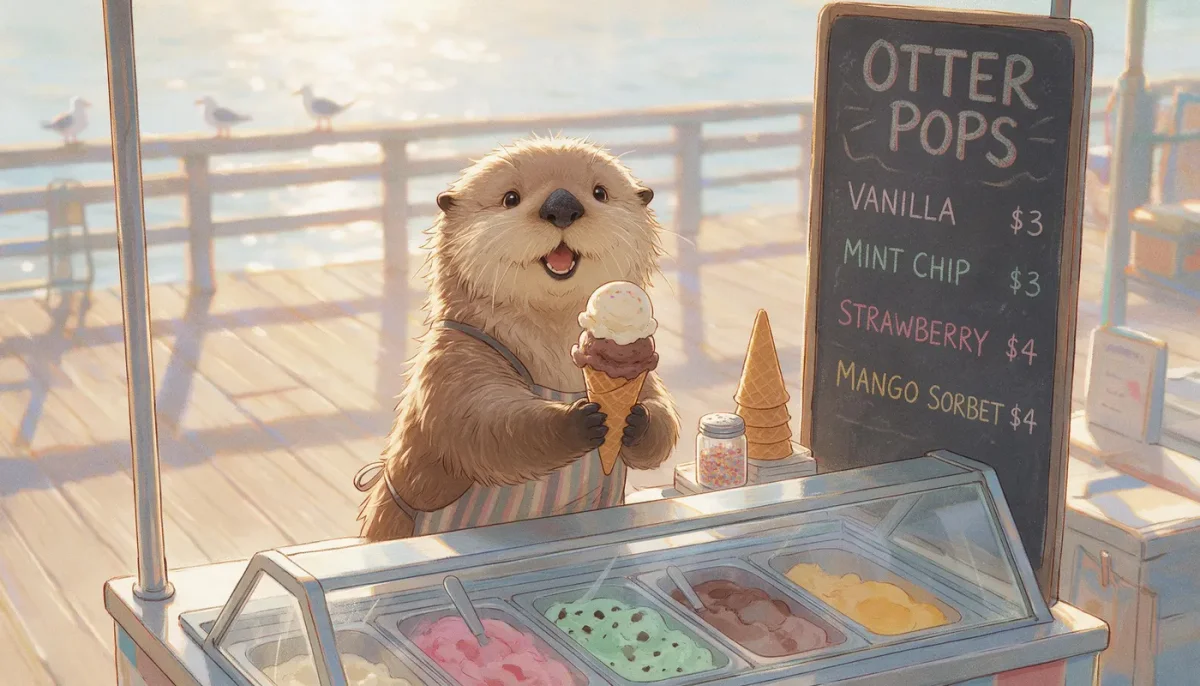 Otter ice-cream shop — A friendly otter serving ice cream from a seaside cart, pastel colors and miniature storybook atmosphere.
