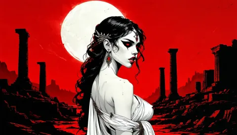 Ink portrait against red ruins — Ink portrait against red ruins. Expressive illustration, harmonious colors, a clear focal point and carefully arranged details. Create a new…