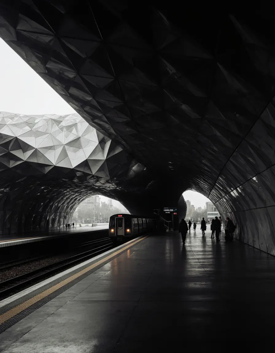 Faceted underground station — Faceted underground station. An atmospheric environment with layered depth, coherent lighting and rich environmental detail. Create a new…