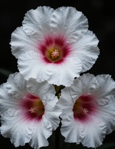 White hibiscus study — Three white hibiscus flowers with magenta centers on a black background, delicate petal textures and studio lighting.