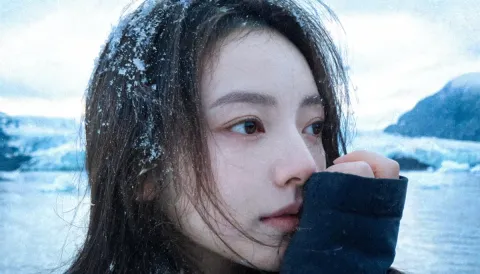 Snowy portrait — A close portrait with snowflakes caught in dark hair, woolen sleeve near the face and pale winter mountains.