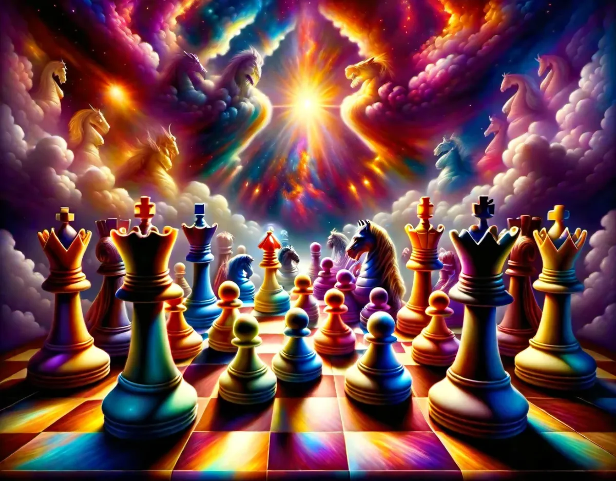 宇宙风暴中的棋盘 — 宇宙风暴中的棋盘。富有表现力的插画，和谐配色，清晰视觉焦点，细节布局自然。创作全新演绎，不添加标志或文字。