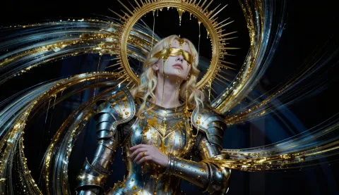 Golden cosmic orbit armor — Golden cosmic orbit armor. An imaginative character study with distinctive materials, expressive posture and cinematic lighting. Create a new…