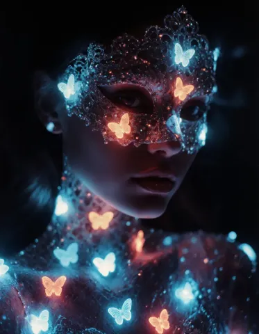 Butterfly light portrait — A dark portrait covered in glowing blue and orange butterflies, delicate glitter and deep midnight shadows.