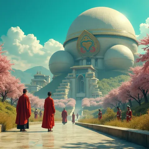 Travelers approaching golden domes — Travelers approaching golden domes. An atmospheric environment with layered depth, coherent lighting and rich environmental detail. Create a…