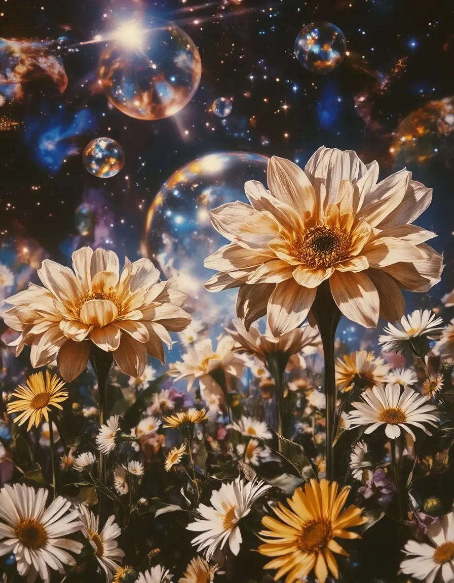 Daisies and bubbles — Golden daisies beneath floating iridescent bubbles and sparkling lights, magical macro garden scene.