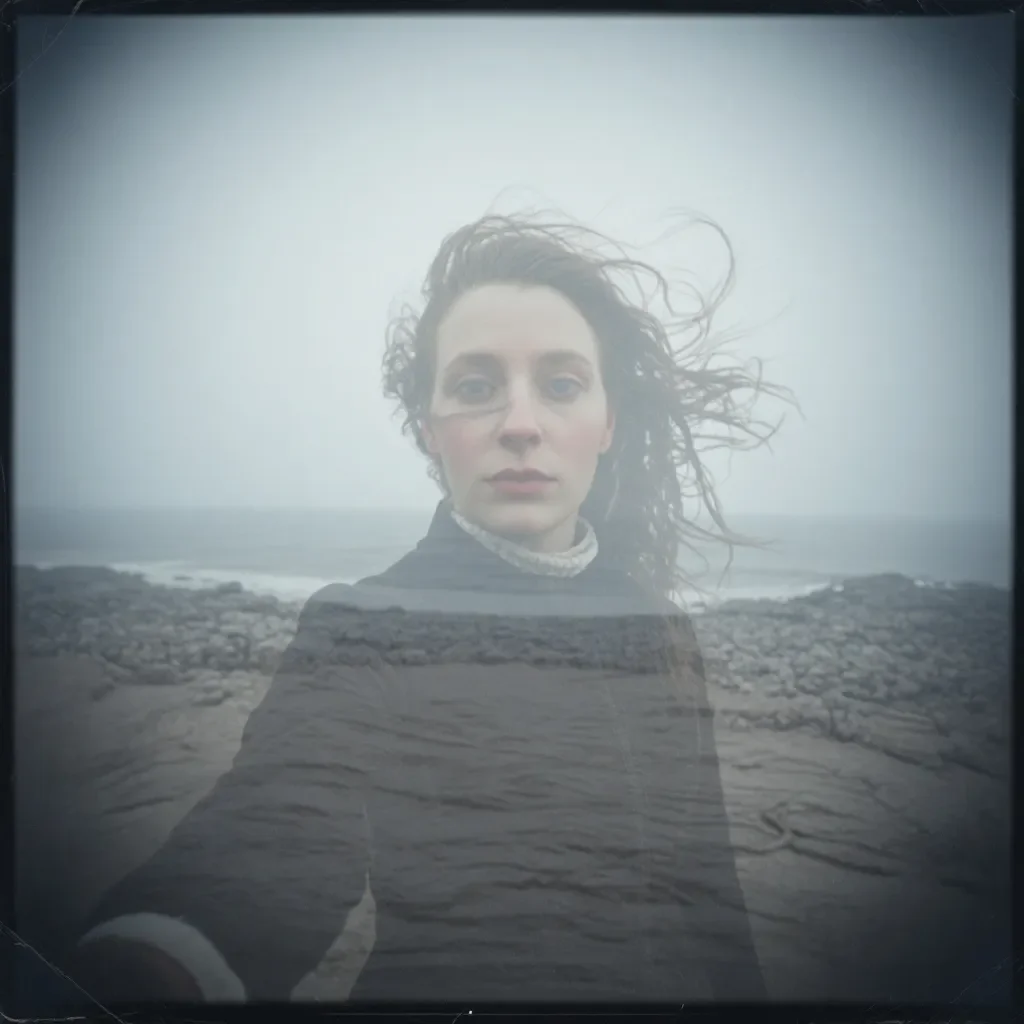 Sea-memory portrait — A soft double-exposure portrait blended with a gray ocean shoreline, windswept hair and quiet cinematic mood.