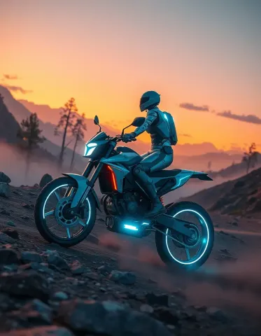 Neon motorcycle at sunset — Neon motorcycle at sunset. A carefully composed still life with clear material textures, controlled lighting and a clean focal point. Create a new…