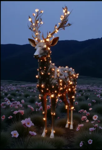 Starlit deer — A deer decorated with tiny warm lights standing among daisies at twilight, luminous antlers and blue hills.
