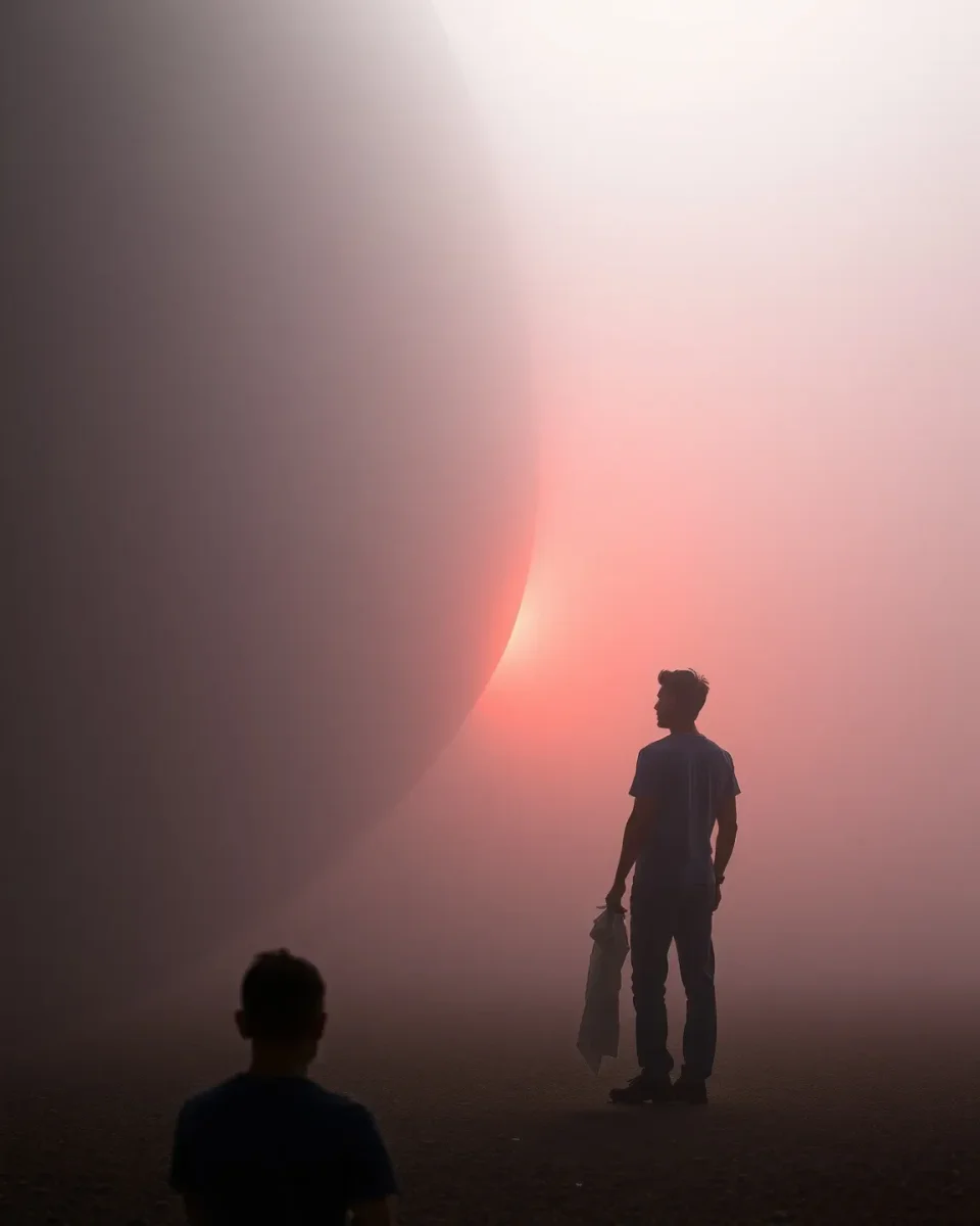 Silhouettes beneath a giant planet — Silhouettes beneath a giant planet. An atmospheric environment with layered depth, coherent lighting and rich environmental detail. Create a…