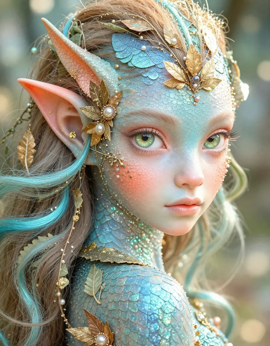 Sea-glass elf — An original elf with turquoise scales, golden leaf ornaments and pale flowing hair, soft woodland light.
