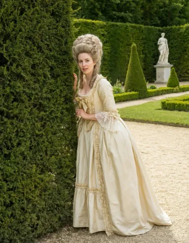Ivory historical gown in a formal garden — Ivory historical gown in a formal garden. Natural photographic detail, balanced composition, expressive light and clear subject…
