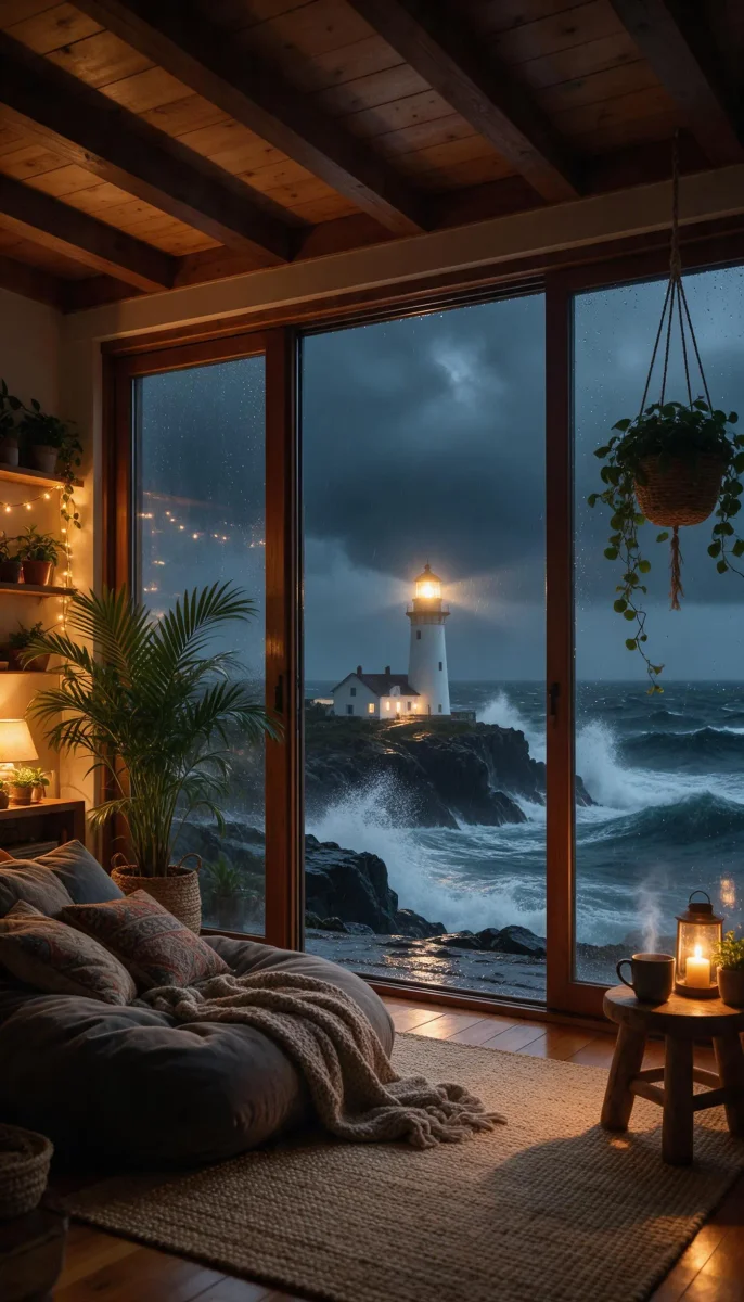 Cozy room above a stormy shore — Cozy room above a stormy shore. An atmospheric environment with layered depth, coherent lighting and rich environmental detail. Create a new…
