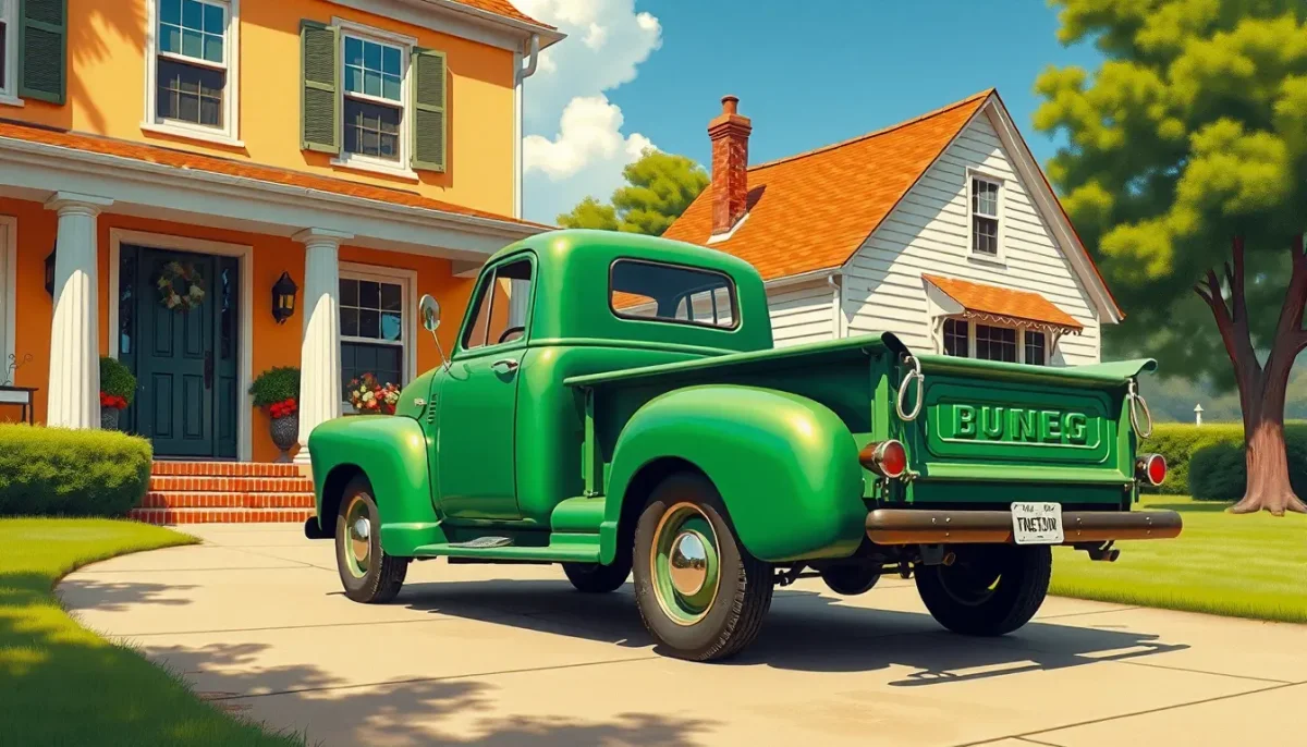 Green vintage pickup in a sunny street — Green vintage pickup in a sunny street. A carefully composed still life with clear material textures, controlled lighting and a clean…